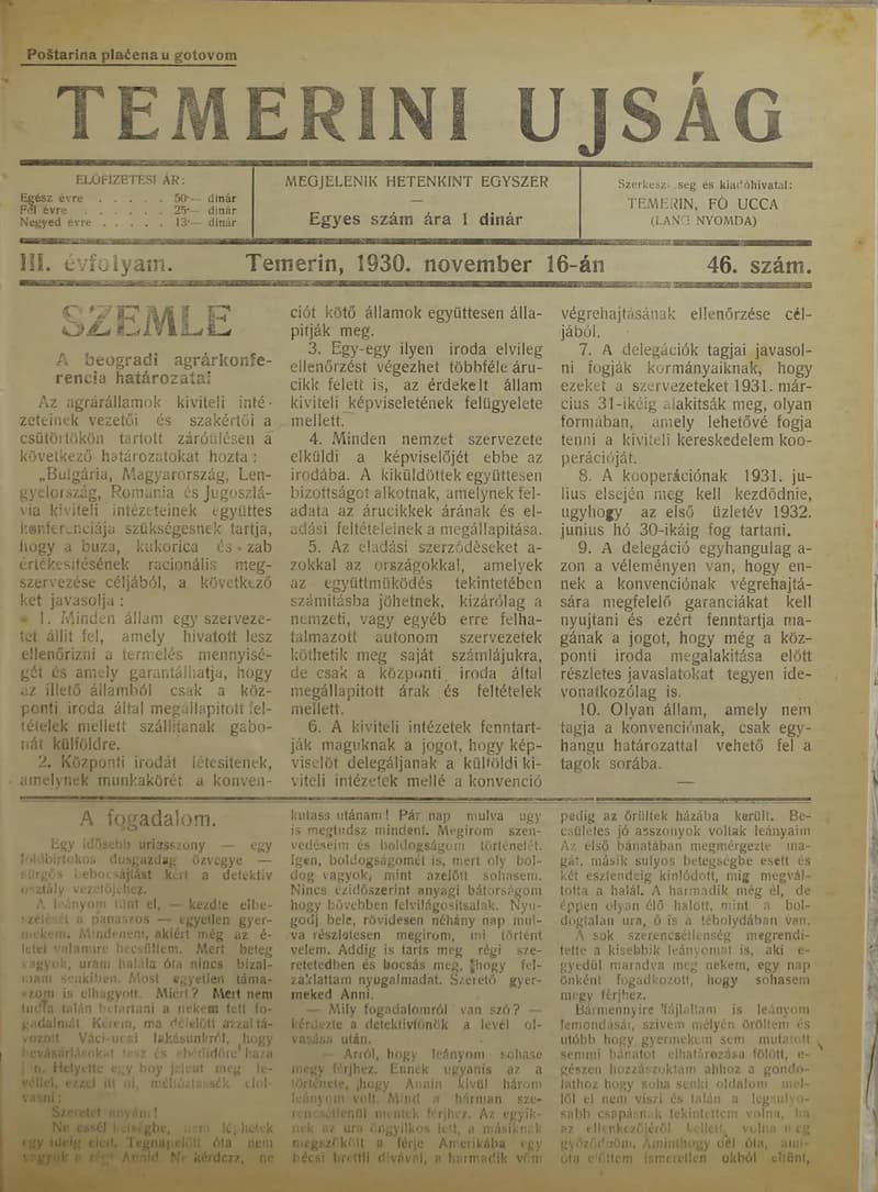 Temerini Újság 1928-1944, 3. évf. 1930. november 16. 46. sz.