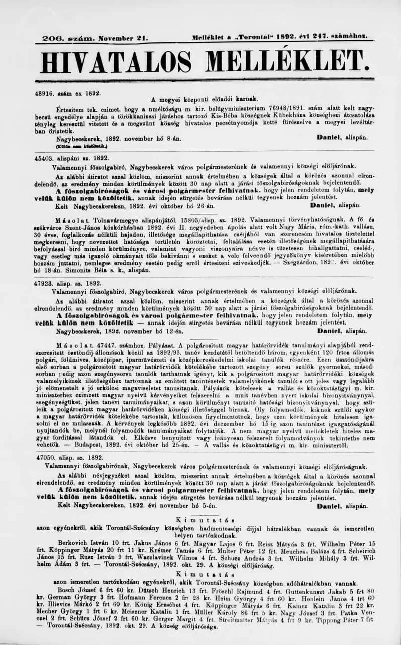 A Totontál  hivatalos melléklete, 5. évf. 1892. november 21. 206. sz.