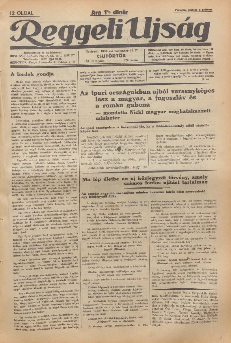 Reggeli Újság, 11. évf. 1930. november 27. 278. sz.