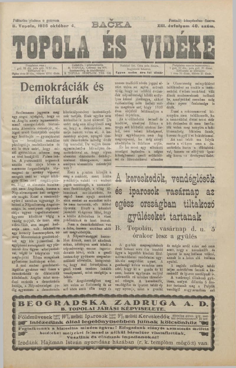 Bačka Topola és Vidéke, 13. évf. 1936. október 4. 40. sz.