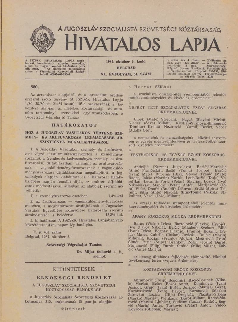 A Jugoszláv Szocialista Szövetségi Köztársaság Hivatalos Lapja, 40. évf. 1984. október 9. 54. sz. 1239–1242. oldal