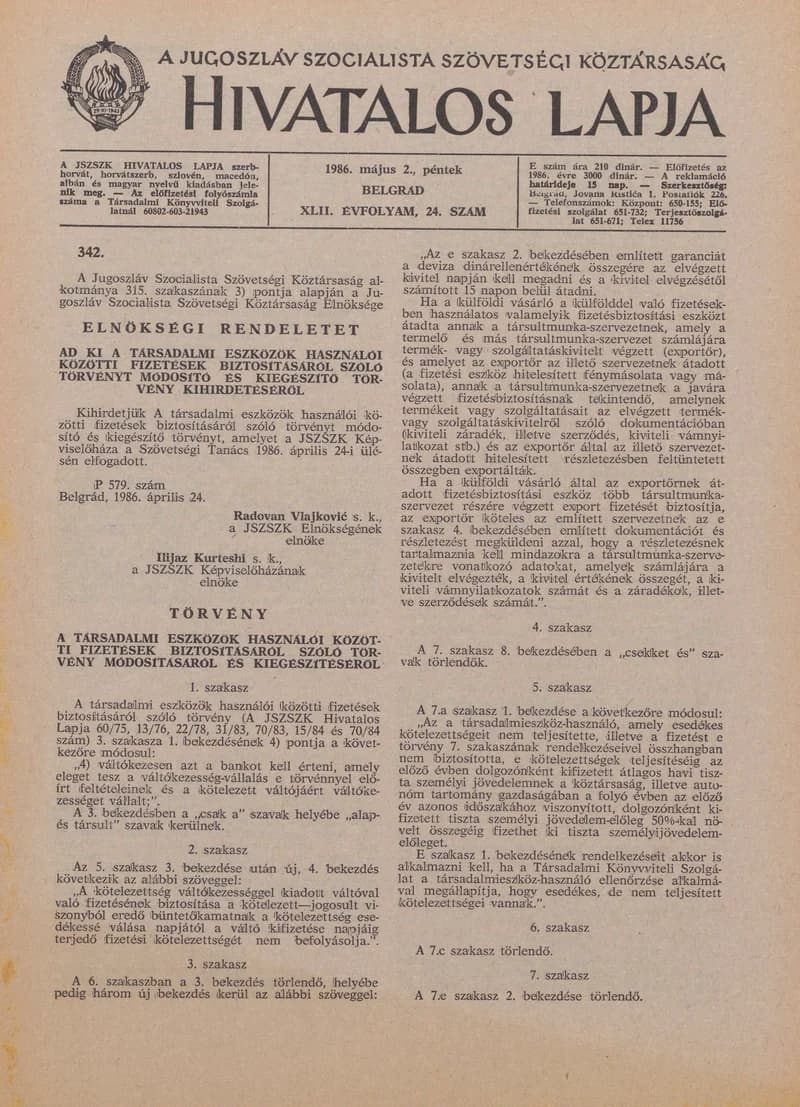 A Jugoszláv Szocialista Szövetségi Köztársaság Hivatalos Lapja, 42. évf. 1986. május 2. 24. sz. 749–772. oldal