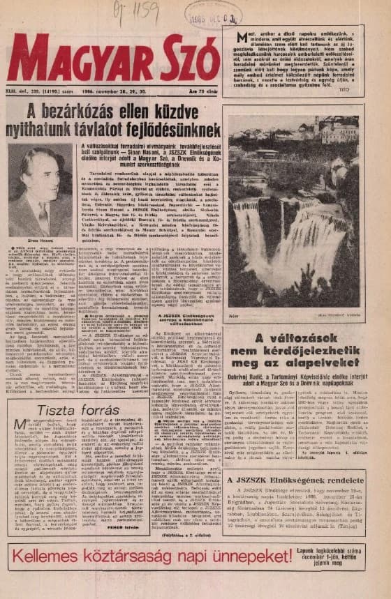 Magyar Szó, 43. évf. 1986. november 28. – 30. 328. sz. 1–36. oldal