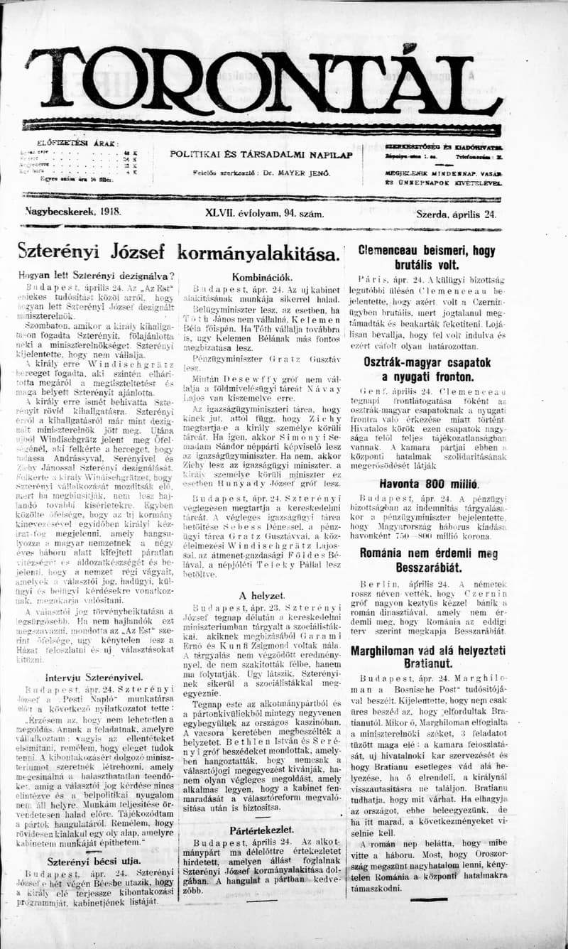Torontál, 47. évf. 1918. április 24. 94. sz.
