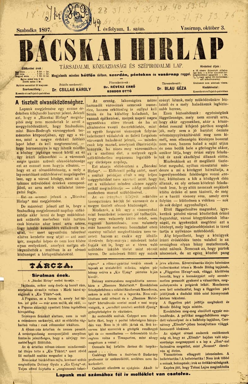 Bácskai Hirlap, 1. évf. 1897. október 3. 1. sz. 1–6. oldal