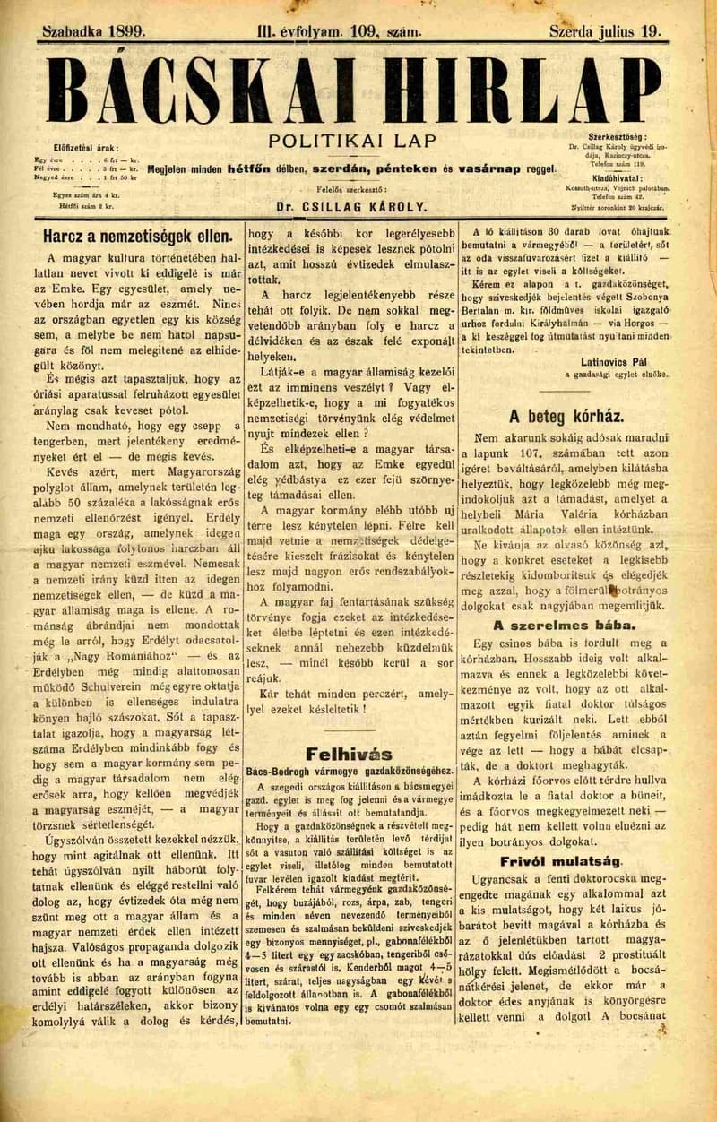 Bácskai Hirlap, 3. évf. 1899. július 19. 109. sz.