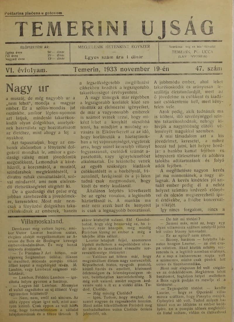 Temerini Újság 1928-1944, 6. évf. 1933. november 19. 47. sz.