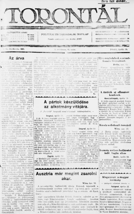 Torontál, 50. évf. 1921. április 15. 81. sz.