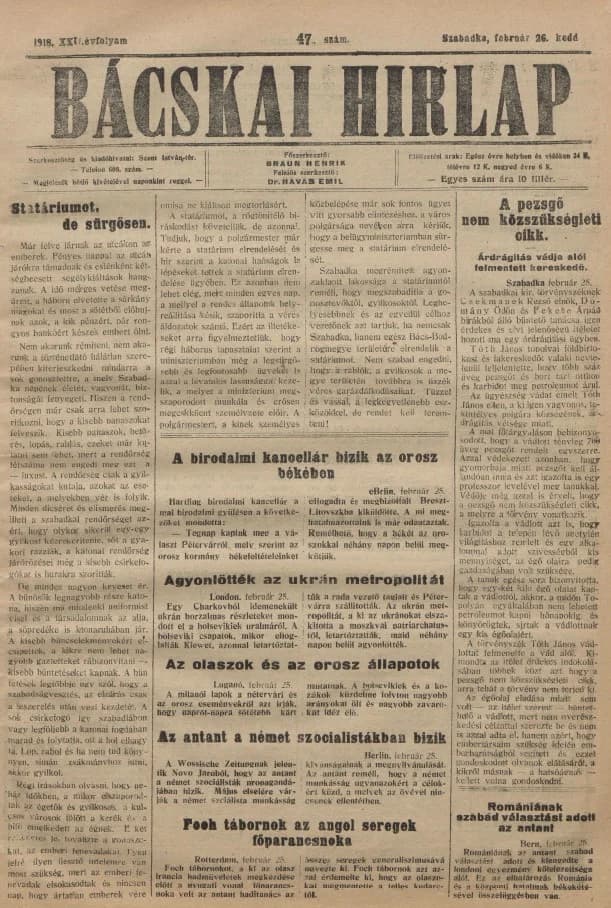 Bácskai Hirlap, 22. évf. 1918. február 26. 47. sz.
