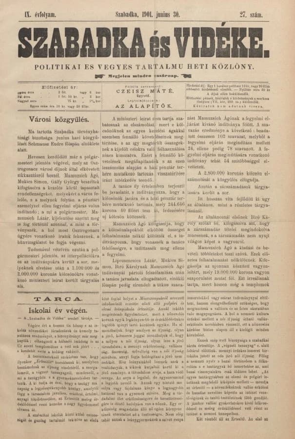 Szabadka és vidéke II, 9. évf. 1901. június 30. 27. sz.