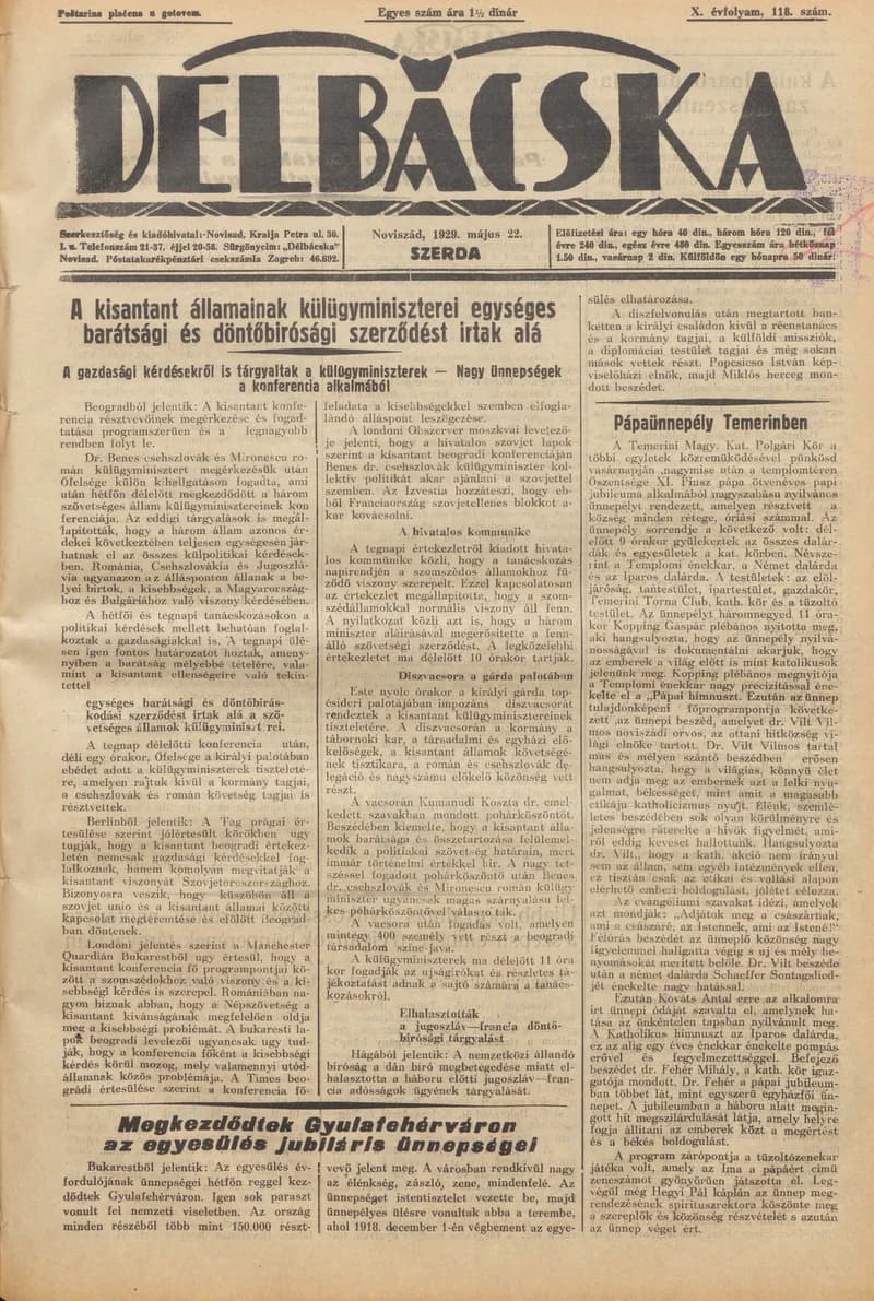 Délbácska, 10. évf. 1929. május 22. 118. sz.