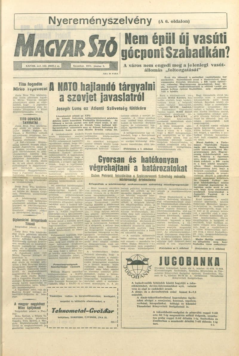 Magyar Szó, 28. évf. 1971. június 5. 152. sz. 1–20. oldal