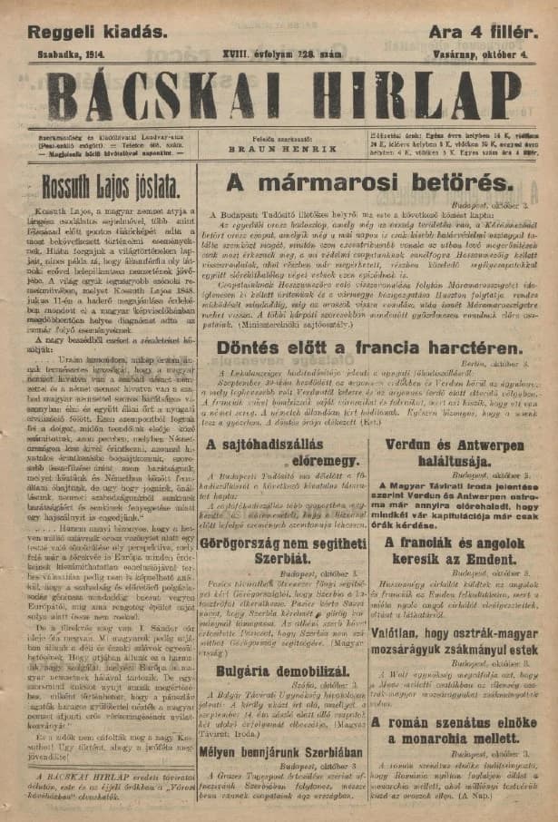 Bácskai Hirlap, 18. évf. 1914. október 4. 228. sz.