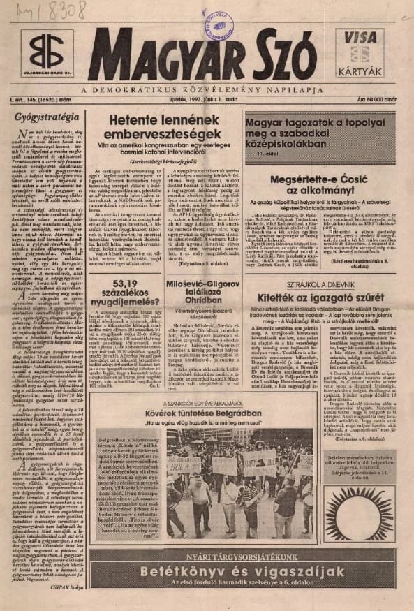 Magyar Szó, 50. évf. 1993. június 1. 145. sz. 1–16. oldal