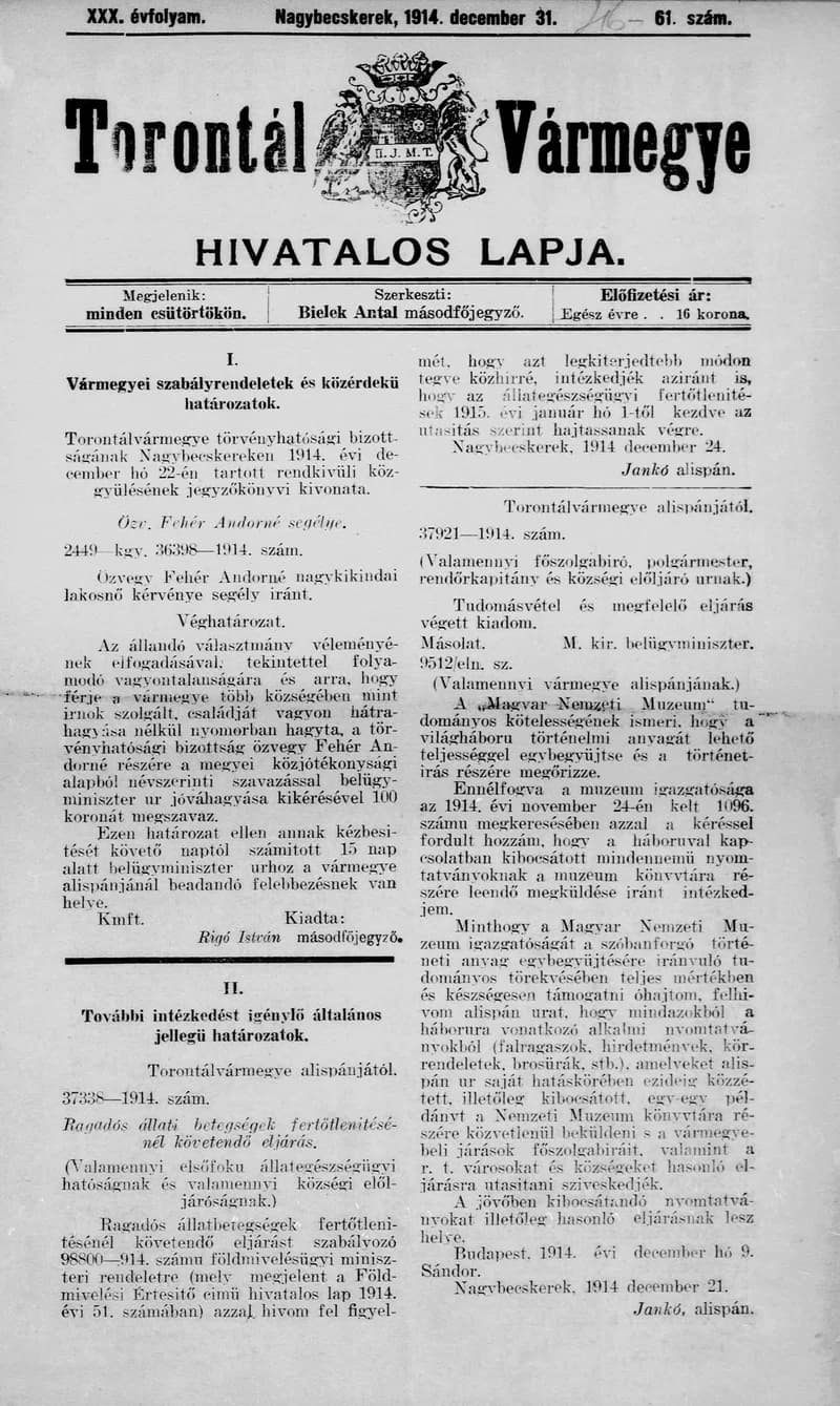 Torontál Vármegye Hivatalos Lapja, 30. évf. 1914. december 31. 61. sz.