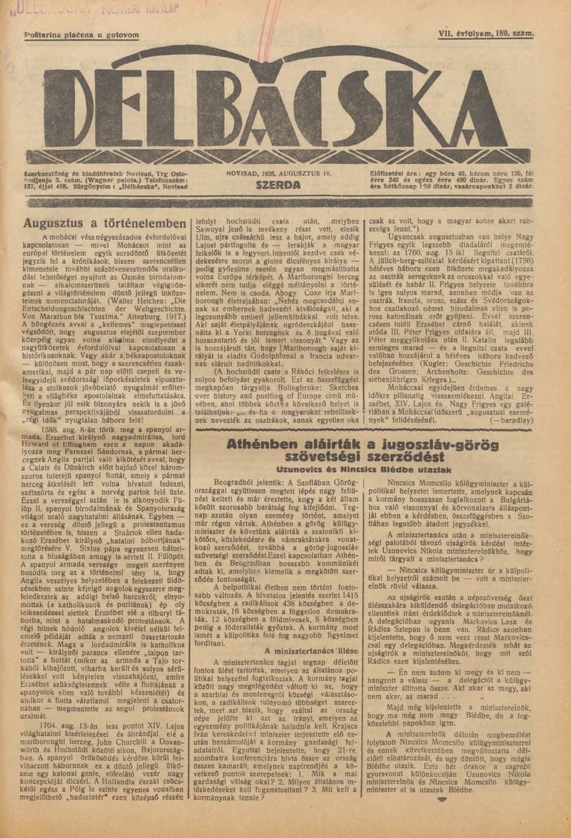 Délbácska, 7. évf. 1926. augusztus 18. 189. sz.