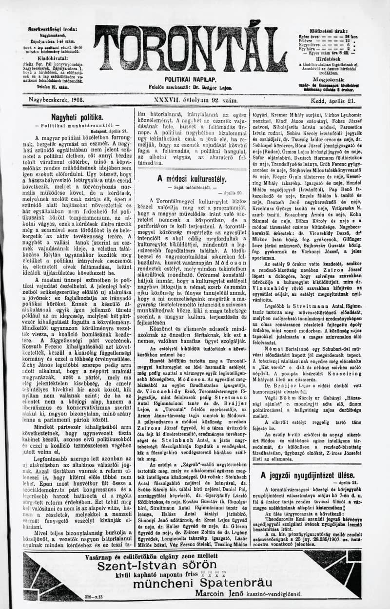 Torontál, 37. évf. 1908. április 21. 92. sz.