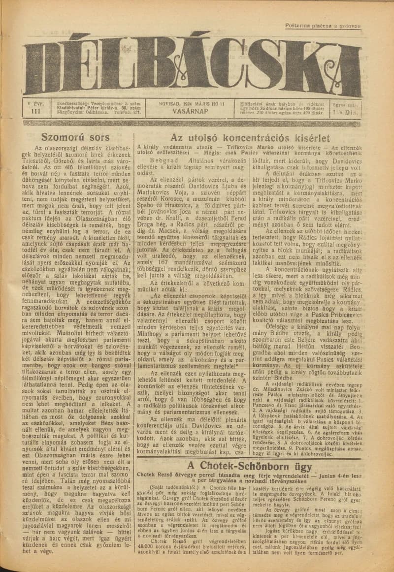 Délbácska, 5. évf. 1924. május 11. 111. sz.