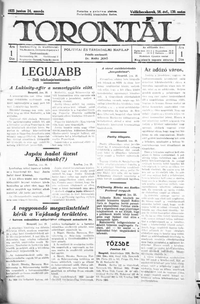 Torontál, 54. évf. 1925. június 24. 139. sz.