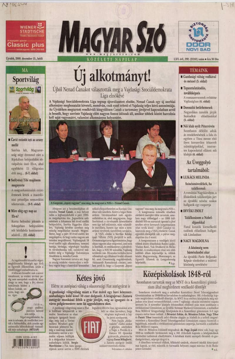 Magyar Szó, 65. évf. 2008. december 15. 292. sz. 1–16. oldal