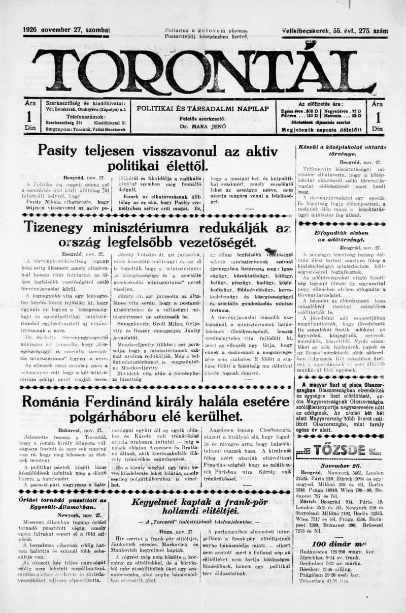 Torontál, 55. évf. 1926. november 27. 275. sz.