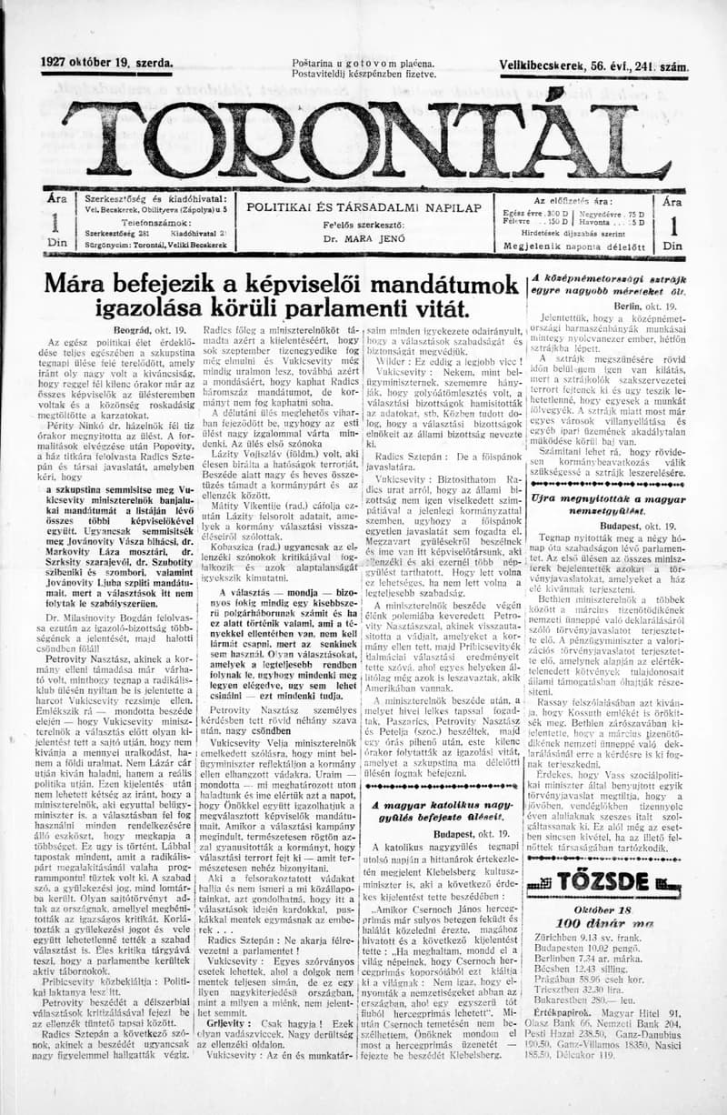Torontál, 56. évf. 1927. október 19. 241. sz.