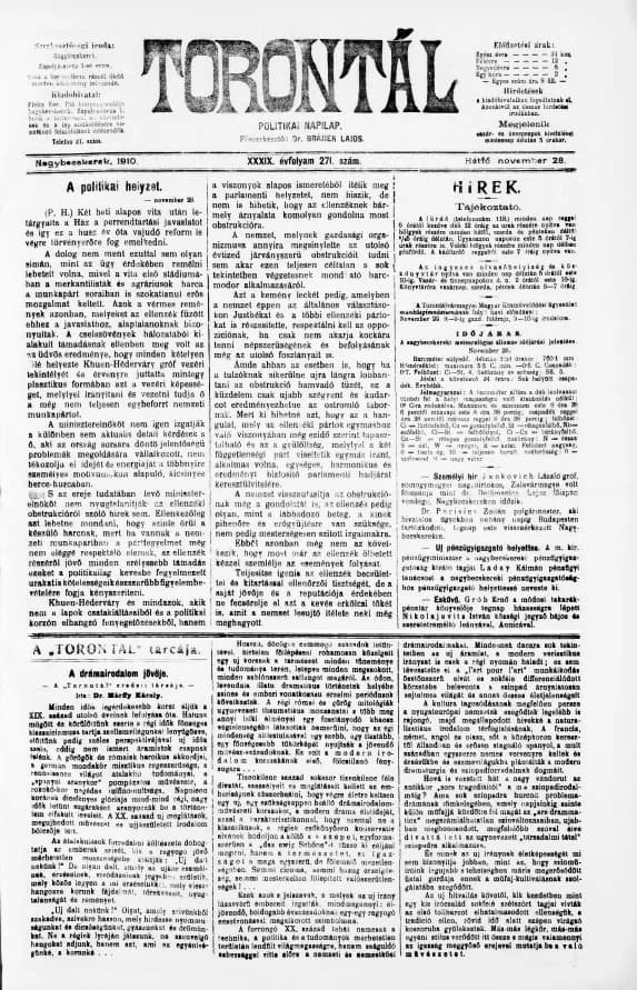 Torontál, 39. évf. 1910. november 28. 271. sz.