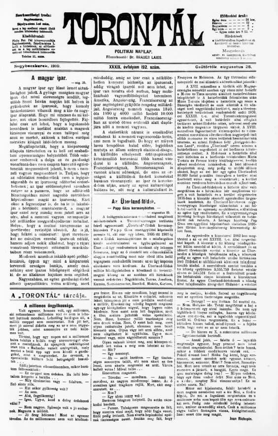 Torontál, 39. évf. 1910. augusztus 25. 192. sz.
