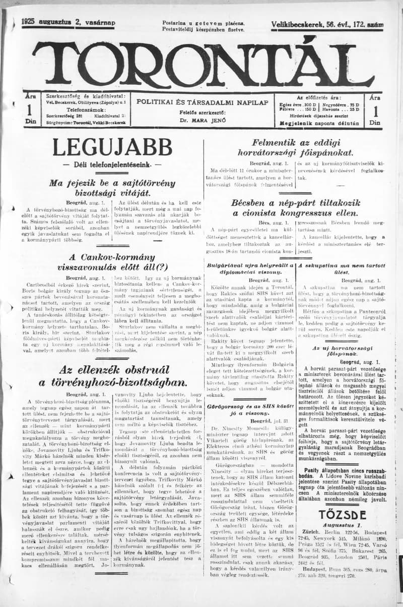 Torontál, 54. évf. 1925. augusztus 2. 172. sz.