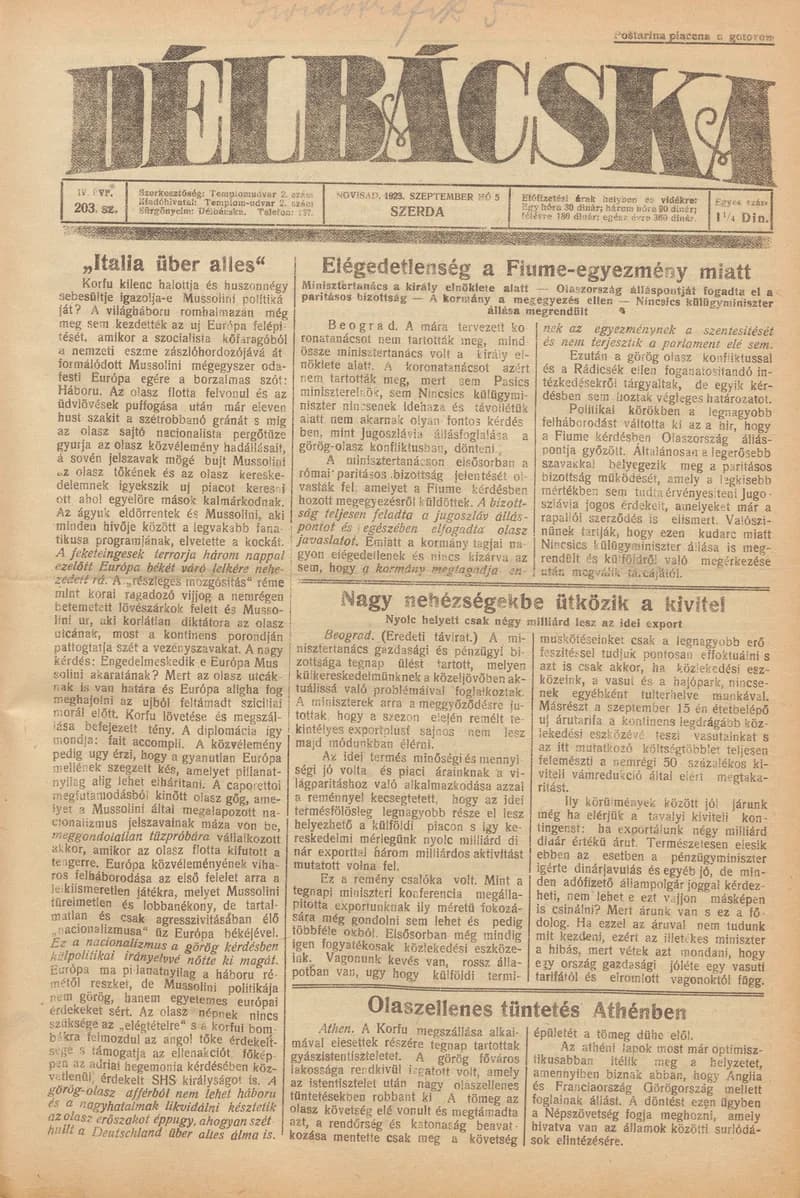 Délbácska, 4. évf. 1923. szeptember 5. 203. sz.