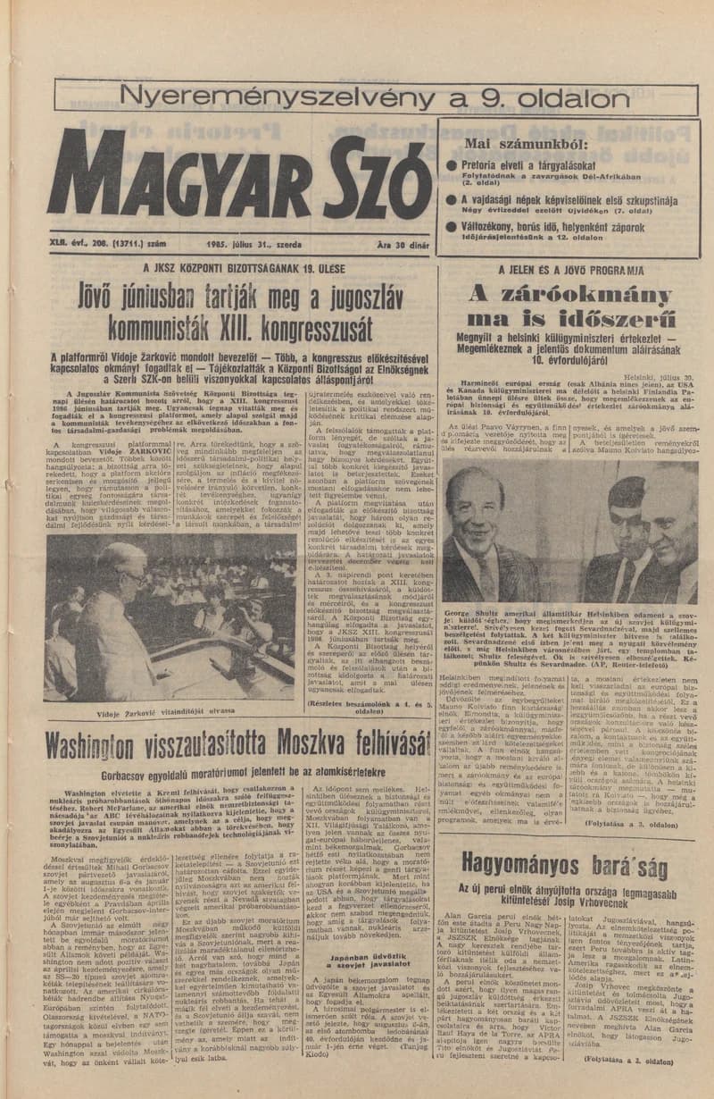 Magyar Szó, 42. évf. 1985. július 31. 208. sz. 1–16. oldal
