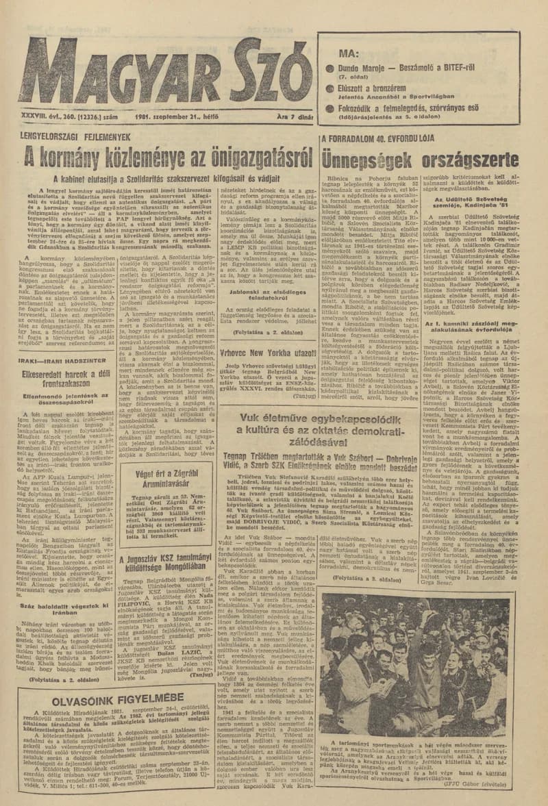 Magyar Szó, 38. évf. 1981. szeptember 21. 260. sz.