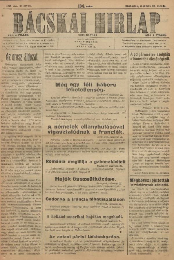 Bácskai Hirlap, 20. évf. 1916. március 22. 134. sz.