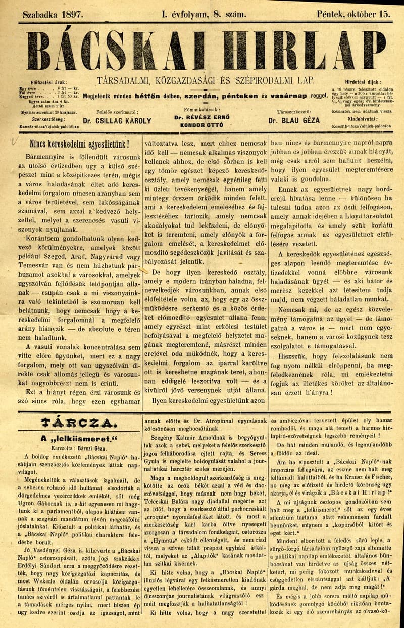 Bácskai Hirlap, 1. évf. 1897. október 15. 8. sz. 1–4. oldal
