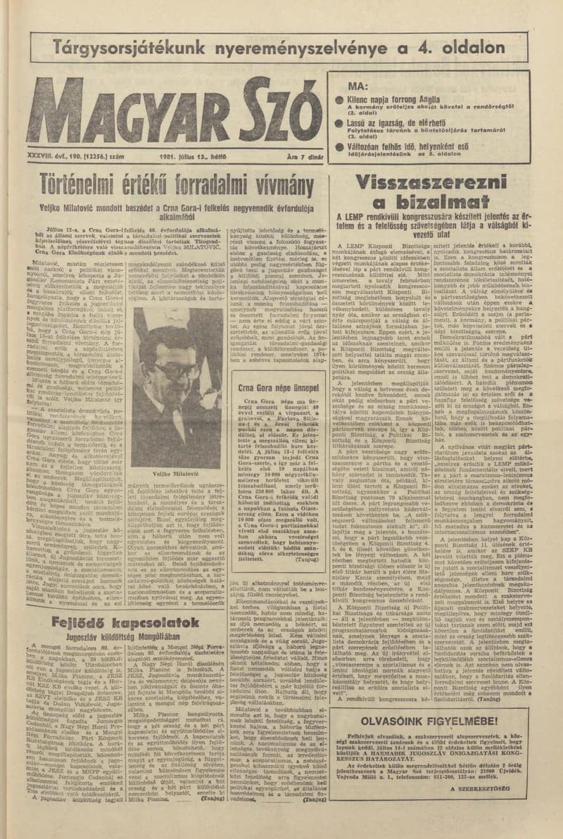 Magyar Szó, 38. évf. 1981. július 13. 190. sz.