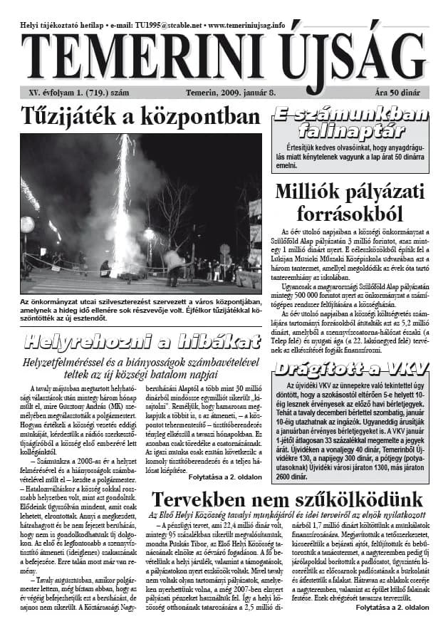 Temerini Újság, 15. évf. 2009. január 8. 1. sz.
