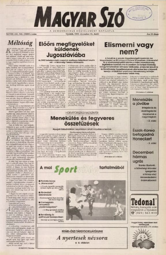 Magyar Szó, 48. évf. 1991. december 16. 344. sz. 1–20. oldal