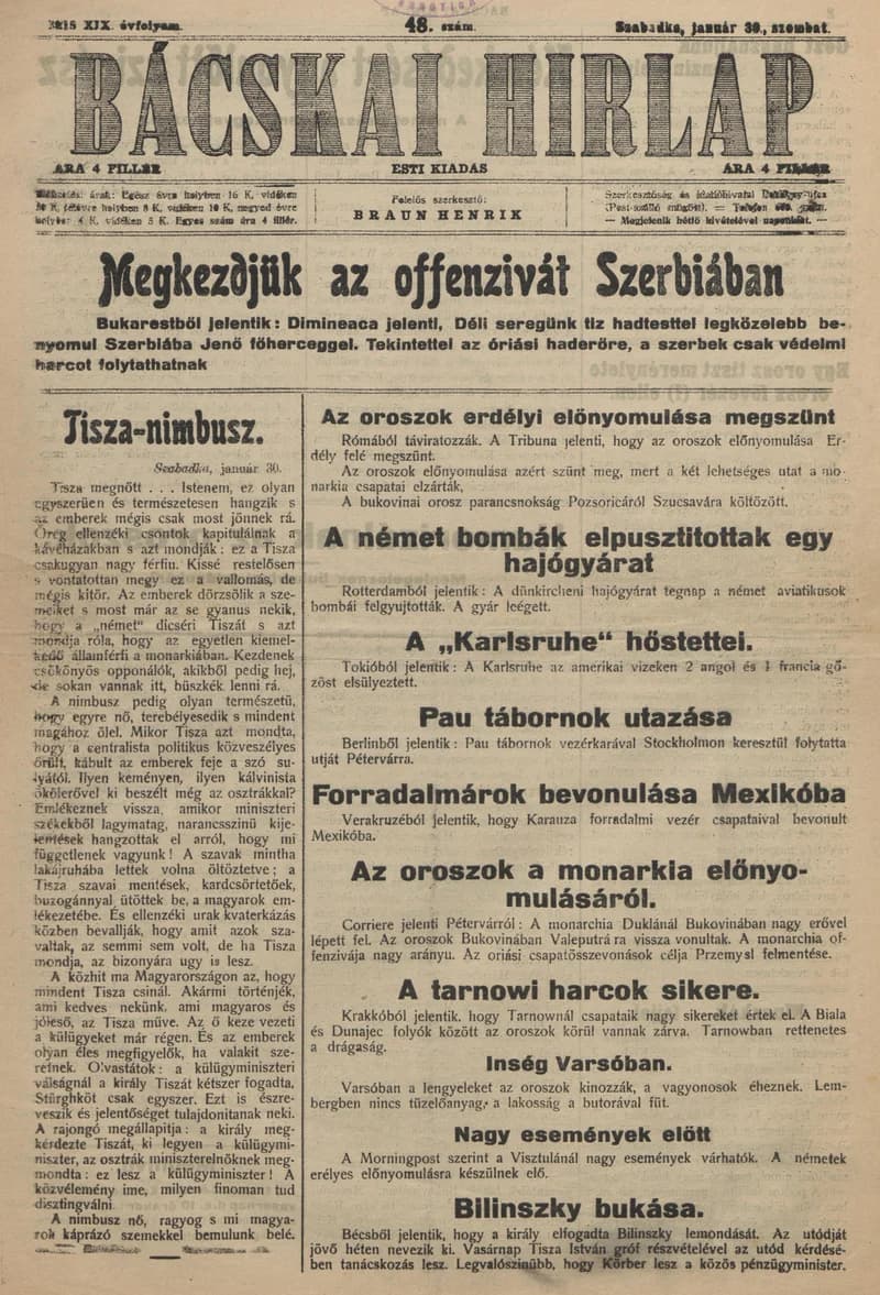Bácskai Hirlap, 19. évf. 1915. január 30. 48. sz.
