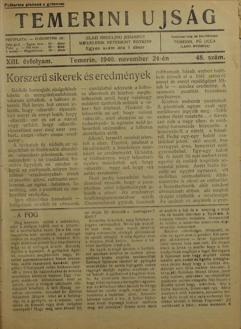 Temerini Újság 1928-1944, 13. évf. 1940. november 24. 48. sz.