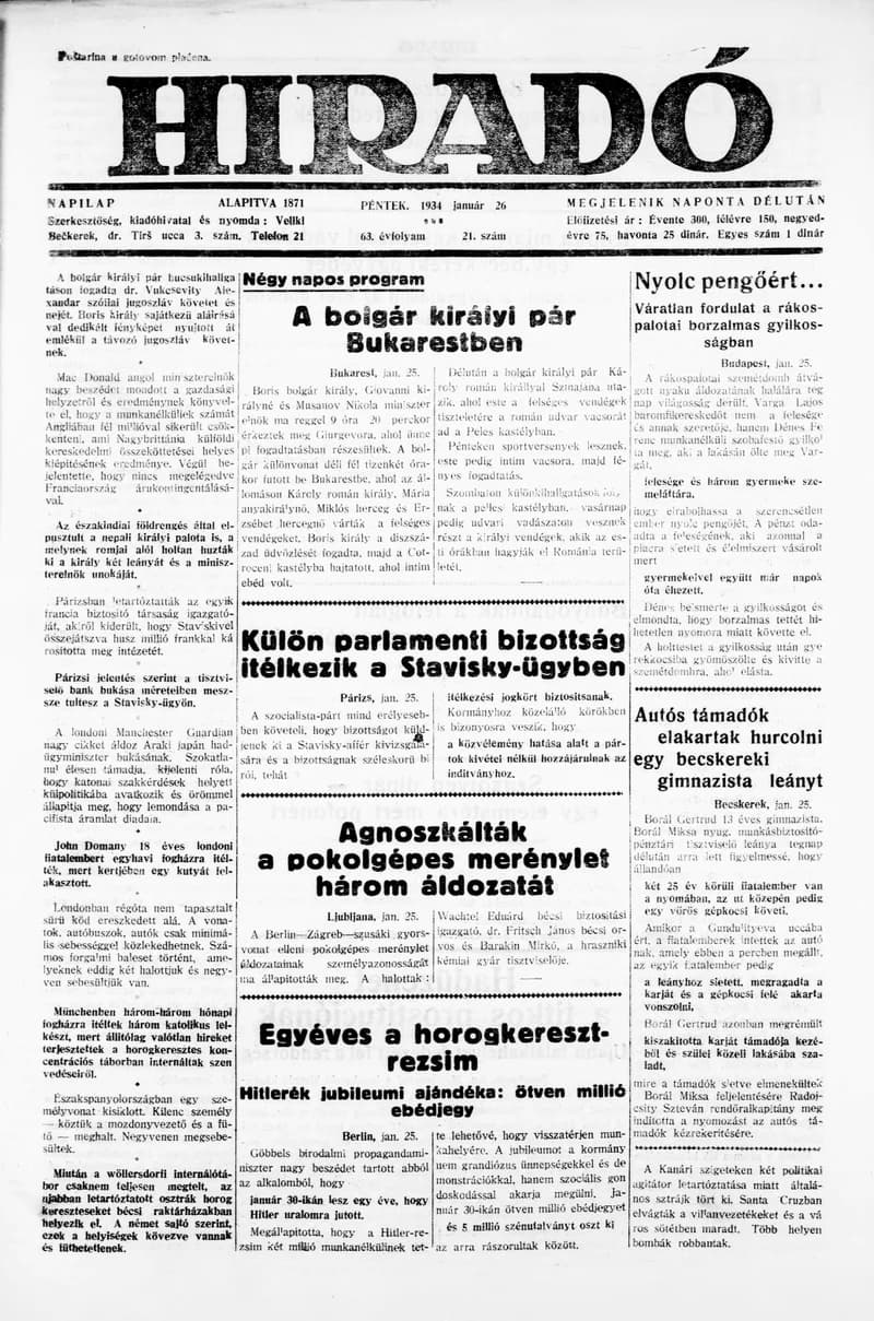 Híradó, 63. évf. 1934. január 26. 21. sz.