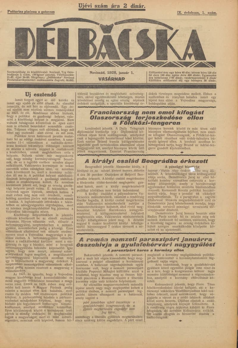 Délbácska, 9. évf. 1928. január 1. 1. sz.