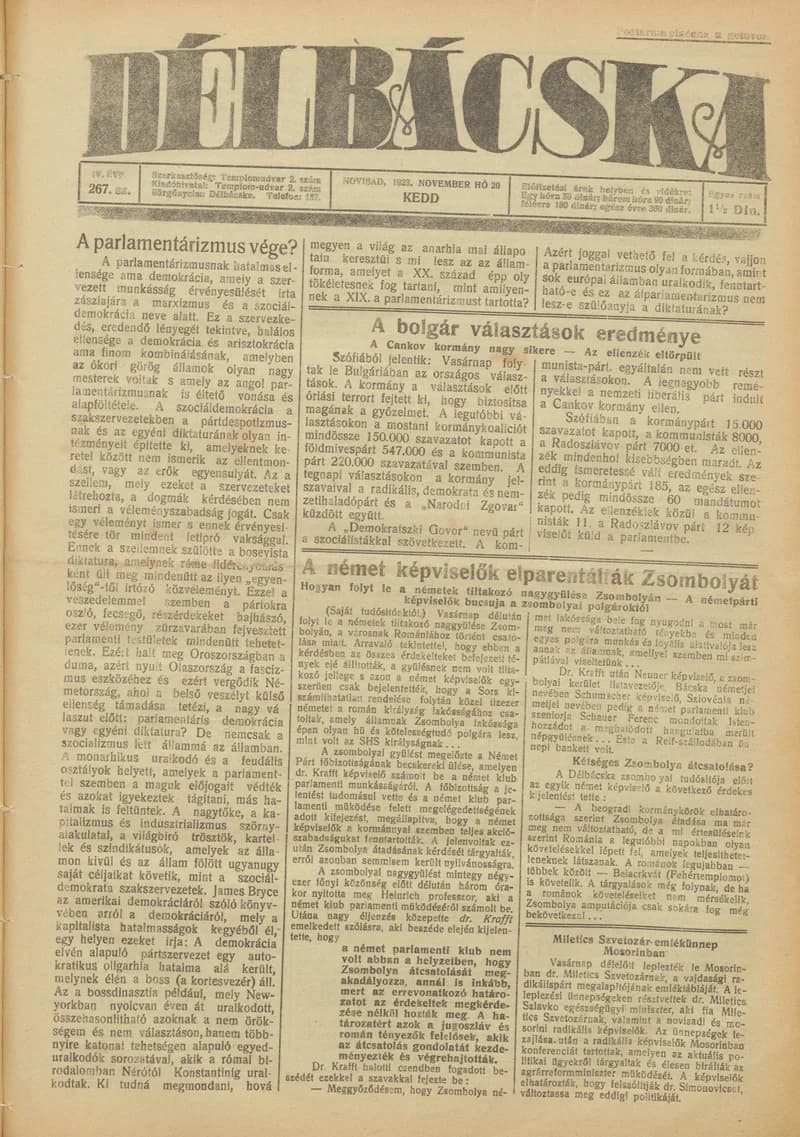 Délbácska, 4. évf. 1923. november 20. 267. sz.