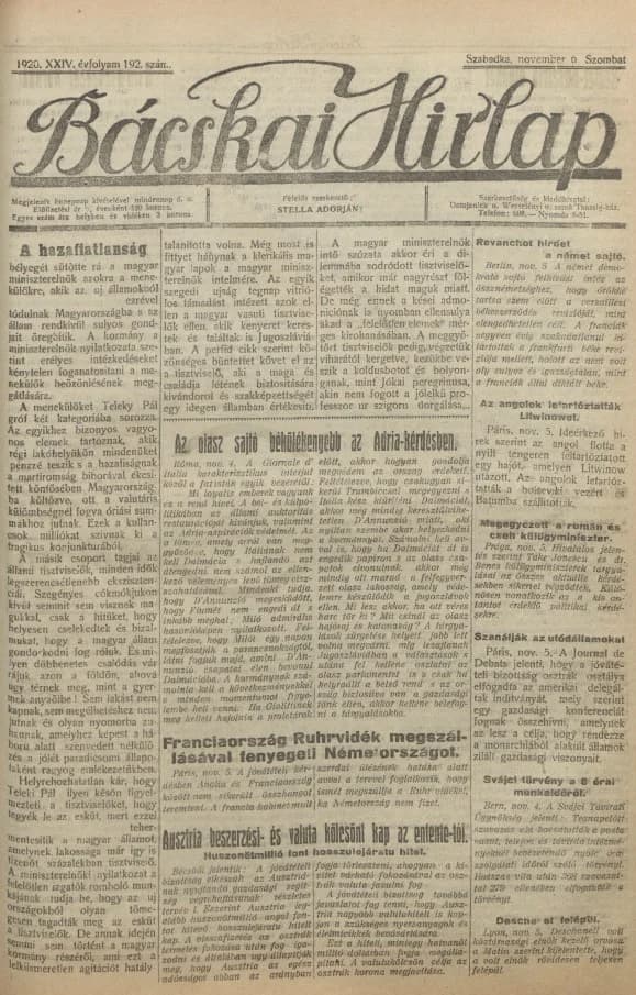Bácskai Hirlap, 24. évf. 1920. november 6. 192. sz.