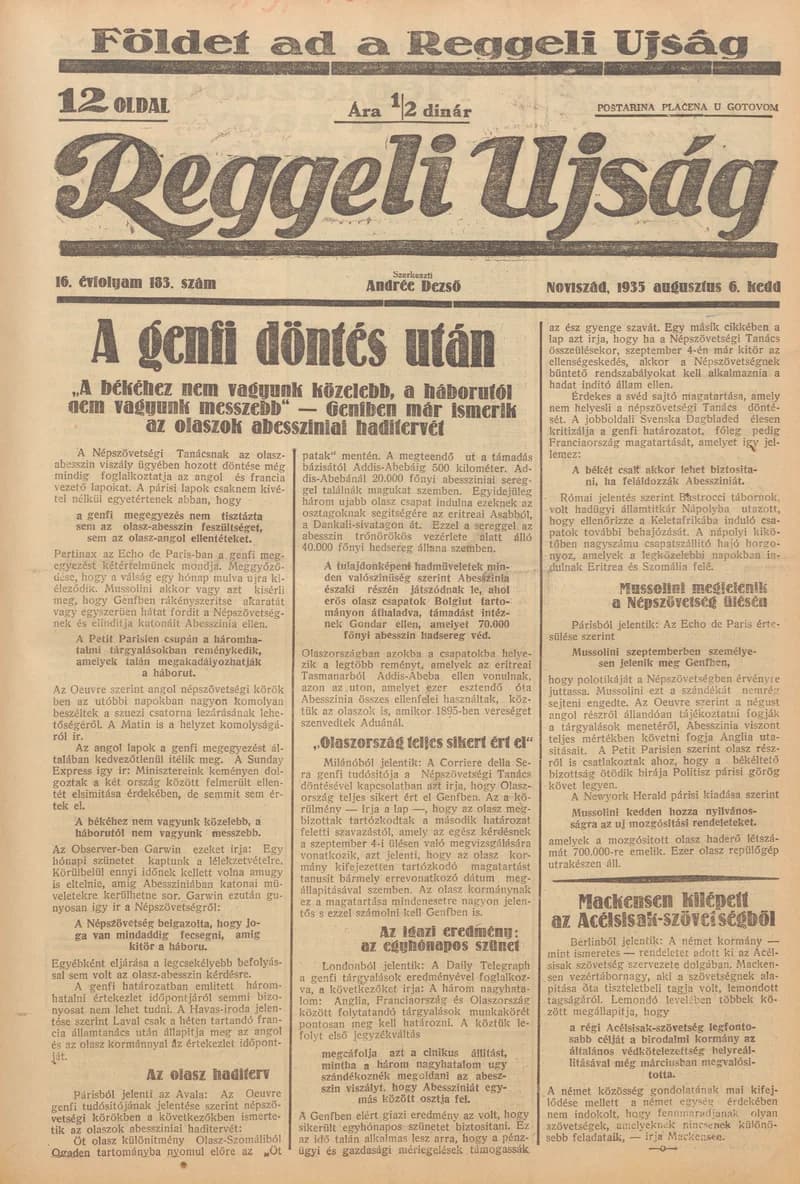 Reggeli Újság, 16. évf. 1935. augusztus 6. 183. sz.