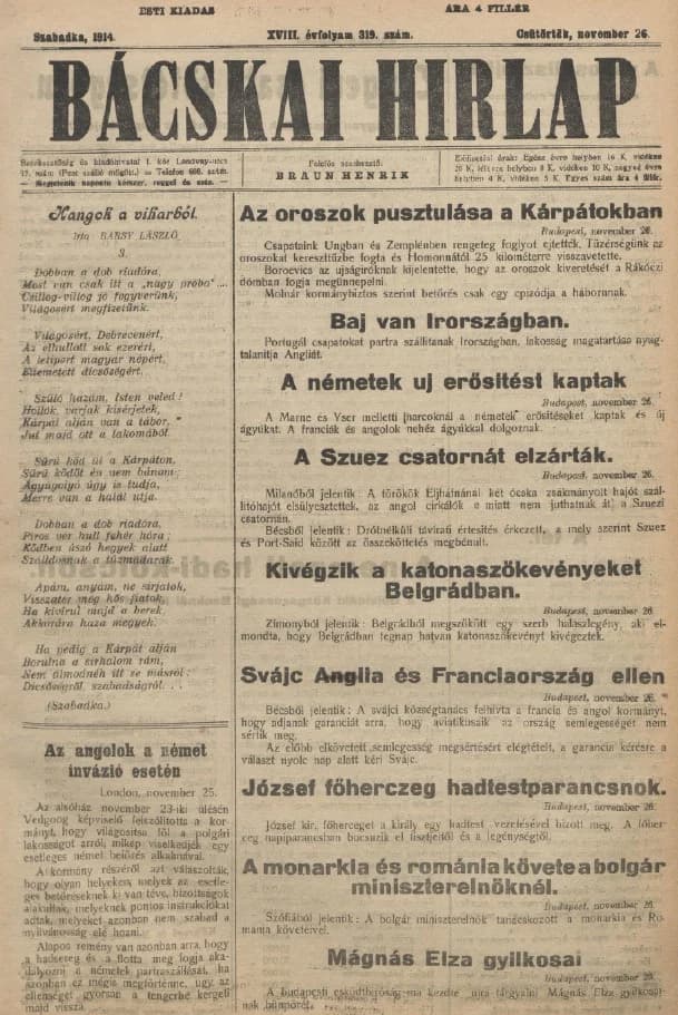 Bácskai Hirlap, 18. évf. 1914. november 26. 319. sz.