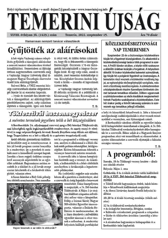 Temerini Újság, 28. évf. 2022. szeptember 15. 36. sz.