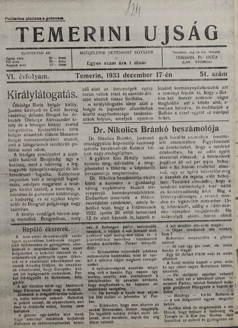 Temerini Újság 1928-1944, 6. évf. 1933. december 17. 51. sz.