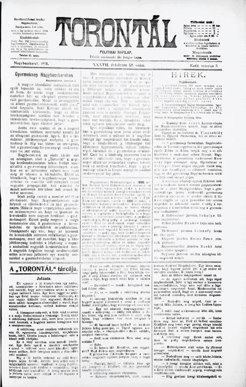 Torontál, 37. évf. 1908. március 3. 52. sz.