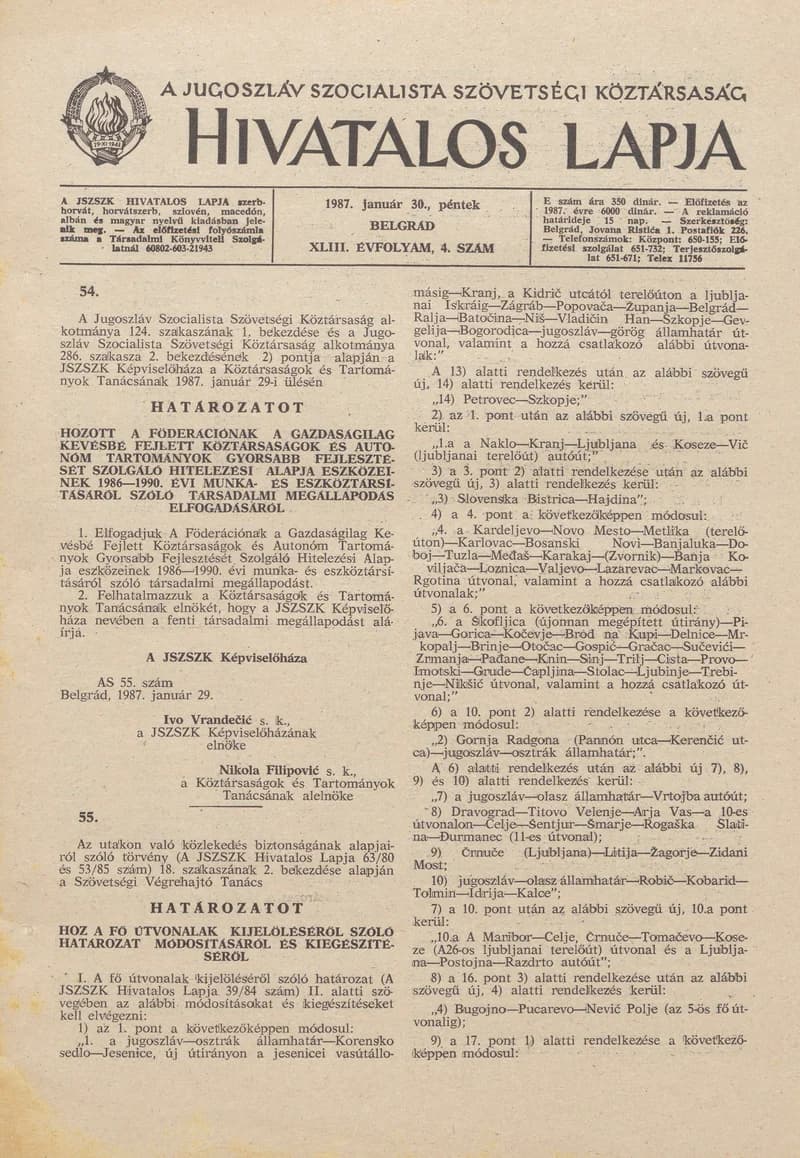 A Jugoszláv Szocialista Szövetségi Köztársaság Hivatalos Lapja, 43. évf. 1987. január 30. 4. sz. 105–144. oldal