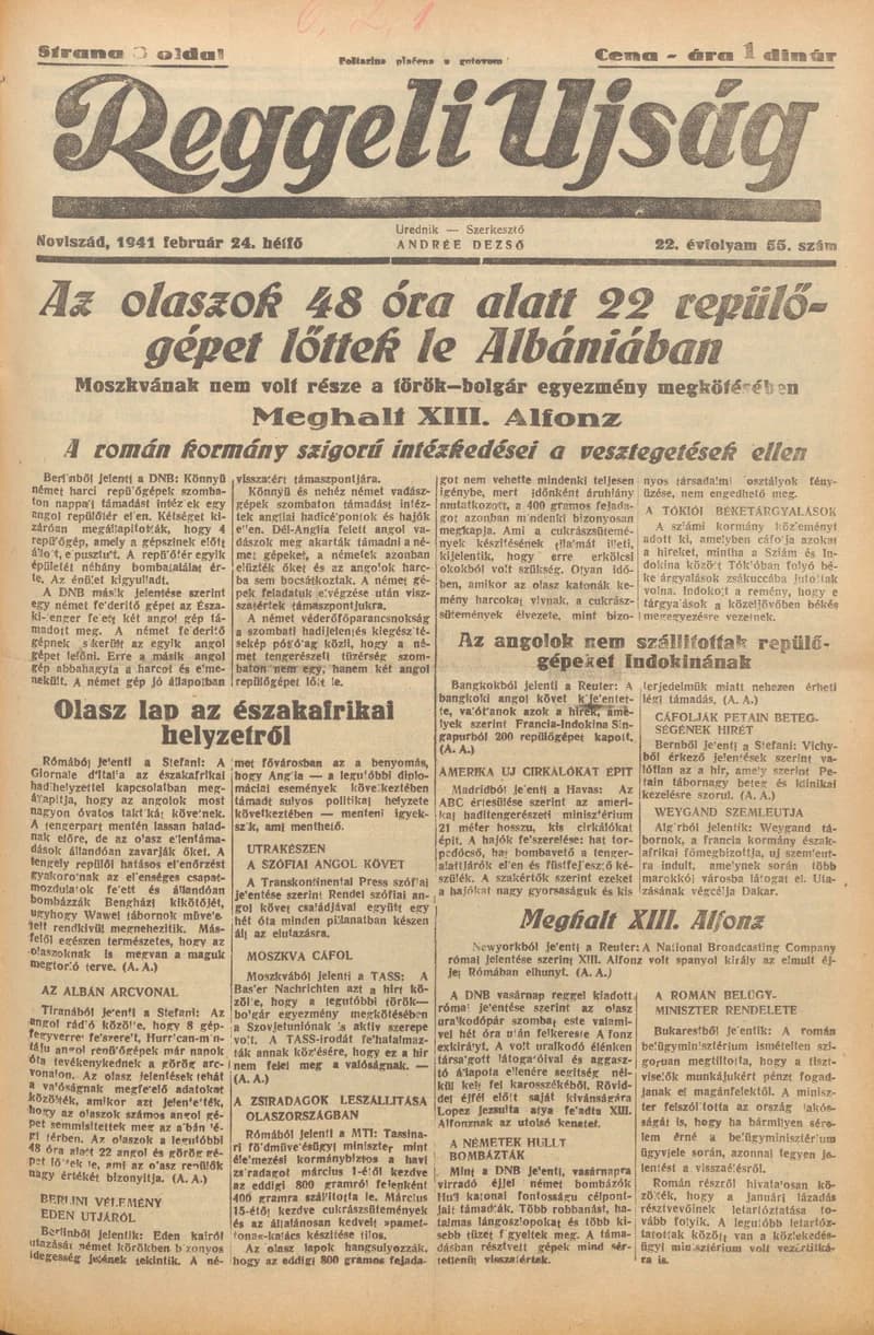 Reggeli Újság, 22. évf. 1941. február 24. 55. sz.
